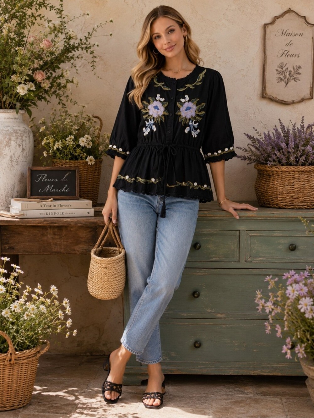 JENNIFER & GRACE NEW‎ Top Blouse Black SMALL Floral Embroidered Cotton CT2877M
